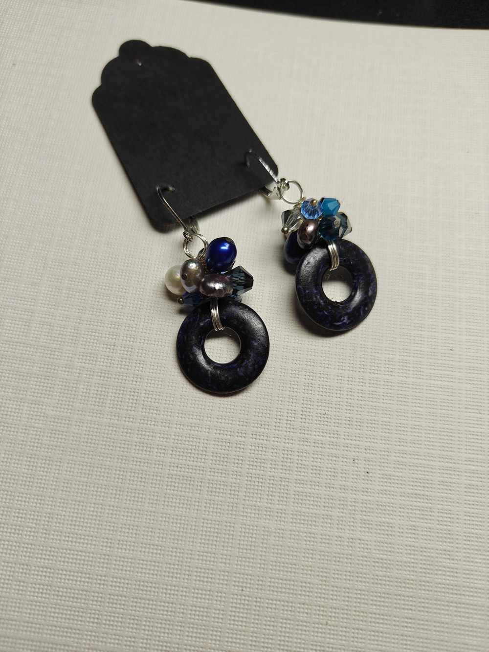 Handmade Navy Blue Donut Dangle Earrings with Blue Crystal Accents NWOT